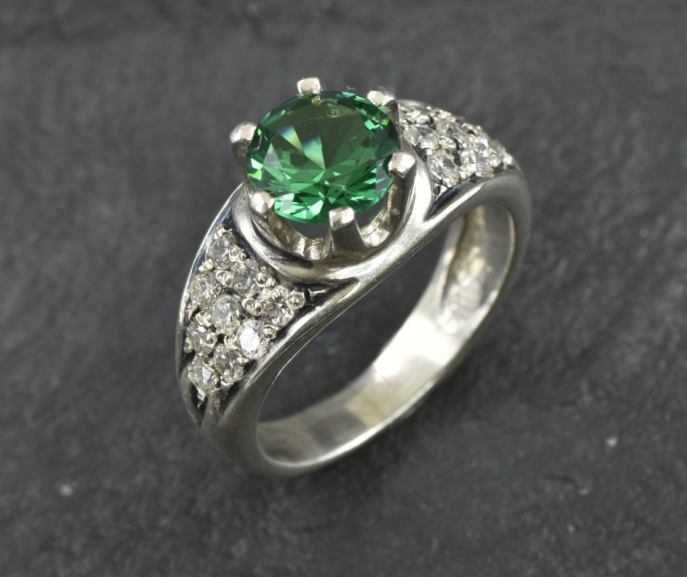 Created Emerald Ring made in 925 Sterling Silver with Round Created Green Emerald in Cluster setting, May Birthstone gift idea, symbolizes, ideal for everyday wear and perfect for birthday gifting and special occasions.