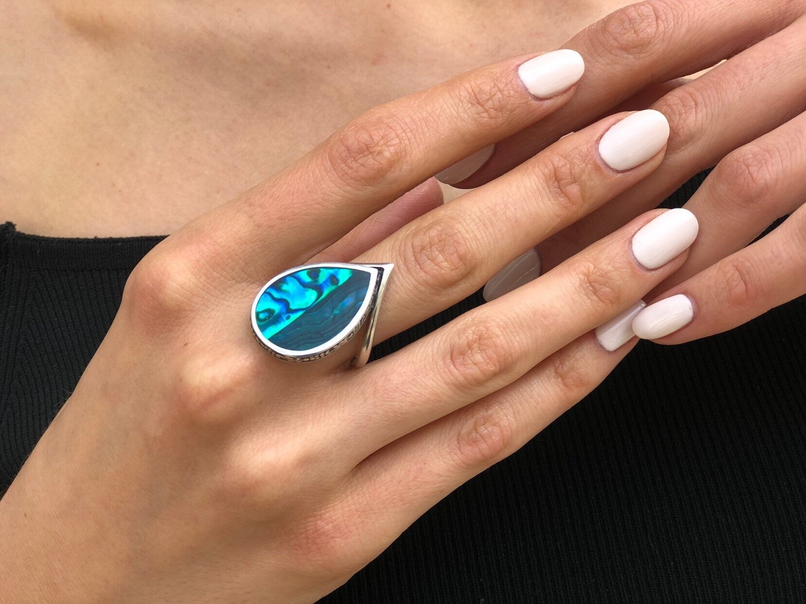 Pearl Shell Ring, Mother of Pearl, Teardrop Ring, Blue Shell Ring, Blue Green Ring, Leaf Ring, Ocean Ring, Flat Ring, Solid Silver Ring