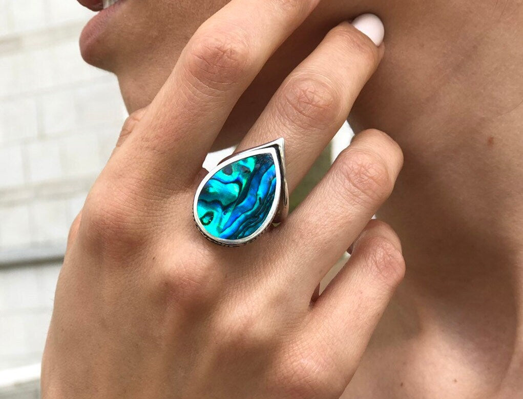 Pearl Shell Ring, Mother of Pearl, Teardrop Ring, Blue Shell Ring, Blue Green Ring, Leaf Ring, Ocean Ring, Flat Ring, Solid Silver Ring