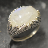 Rainbow Moonstone Ring, Natural Moonstone, Leaf Statement Ring, Large Moonstone Ring, June Birthstone, White Chunky Ring, Solid Silver Ring