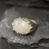 Rainbow Moonstone Ring, Natural Moonstone, Leaf Statement Ring, Large Moonstone Ring, June Birthstone, White Chunky Ring, Solid Silver Ring