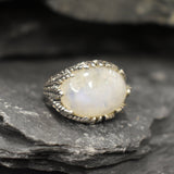 Rainbow Moonstone Ring, Natural Moonstone, Leaf Statement Ring, Large Moonstone Ring, June Birthstone, White Chunky Ring, Solid Silver Ring