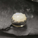 Rainbow Moonstone Ring, Natural Moonstone, Leaf Statement Ring, Large Moonstone Ring, June Birthstone, White Chunky Ring, Solid Silver Ring