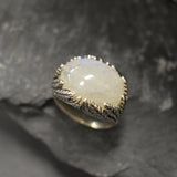 Rainbow Moonstone Ring, Natural Moonstone, Leaf Statement Ring, Large Moonstone Ring, June Birthstone, White Chunky Ring, Solid Silver Ring