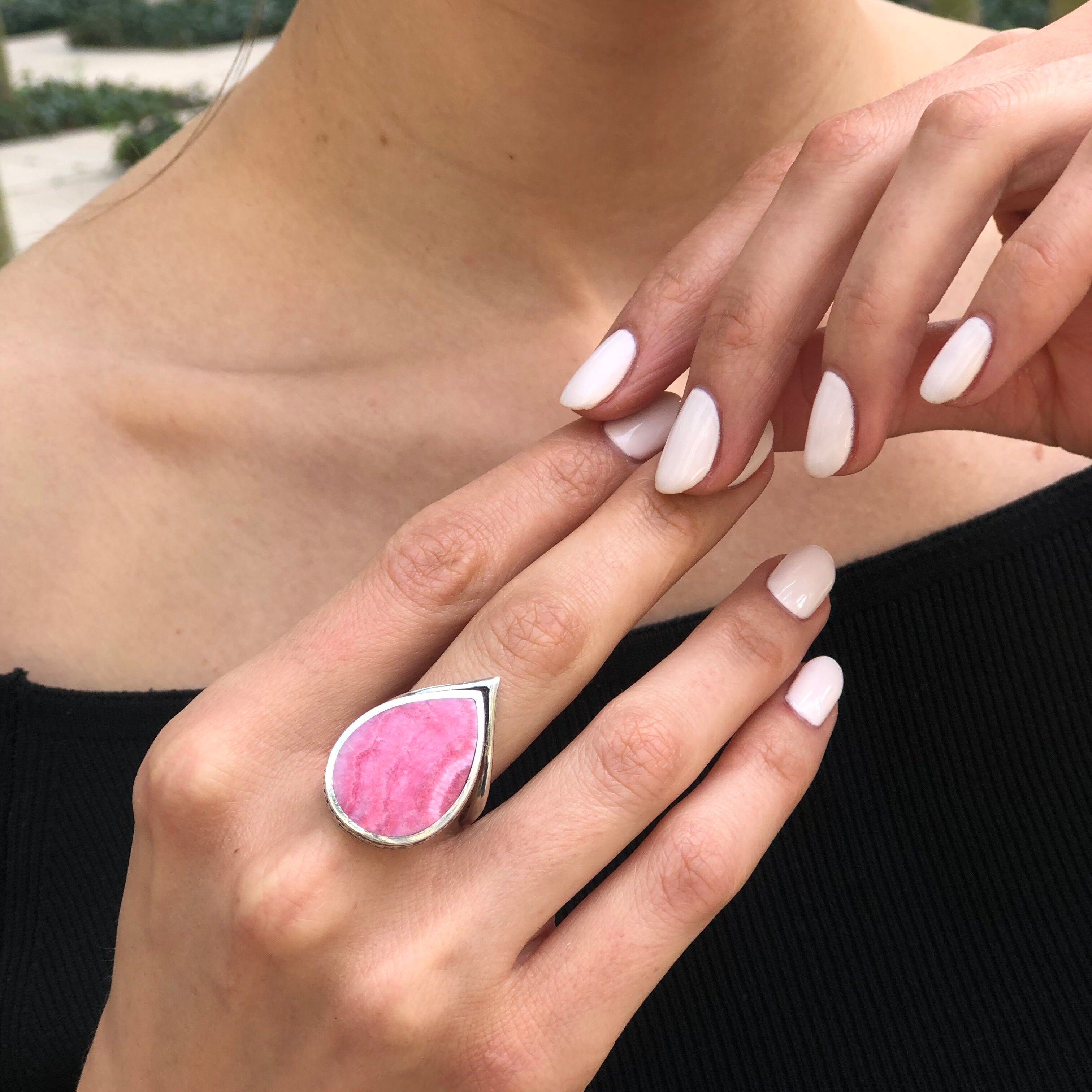 Teardrop Ring, Rhodochrosite Ring, Pink Leaf Ring, Natural Stone Ring, Artisan Ring, Pink Silver Ring, Pink Stone Ring, Solid Silver Ring