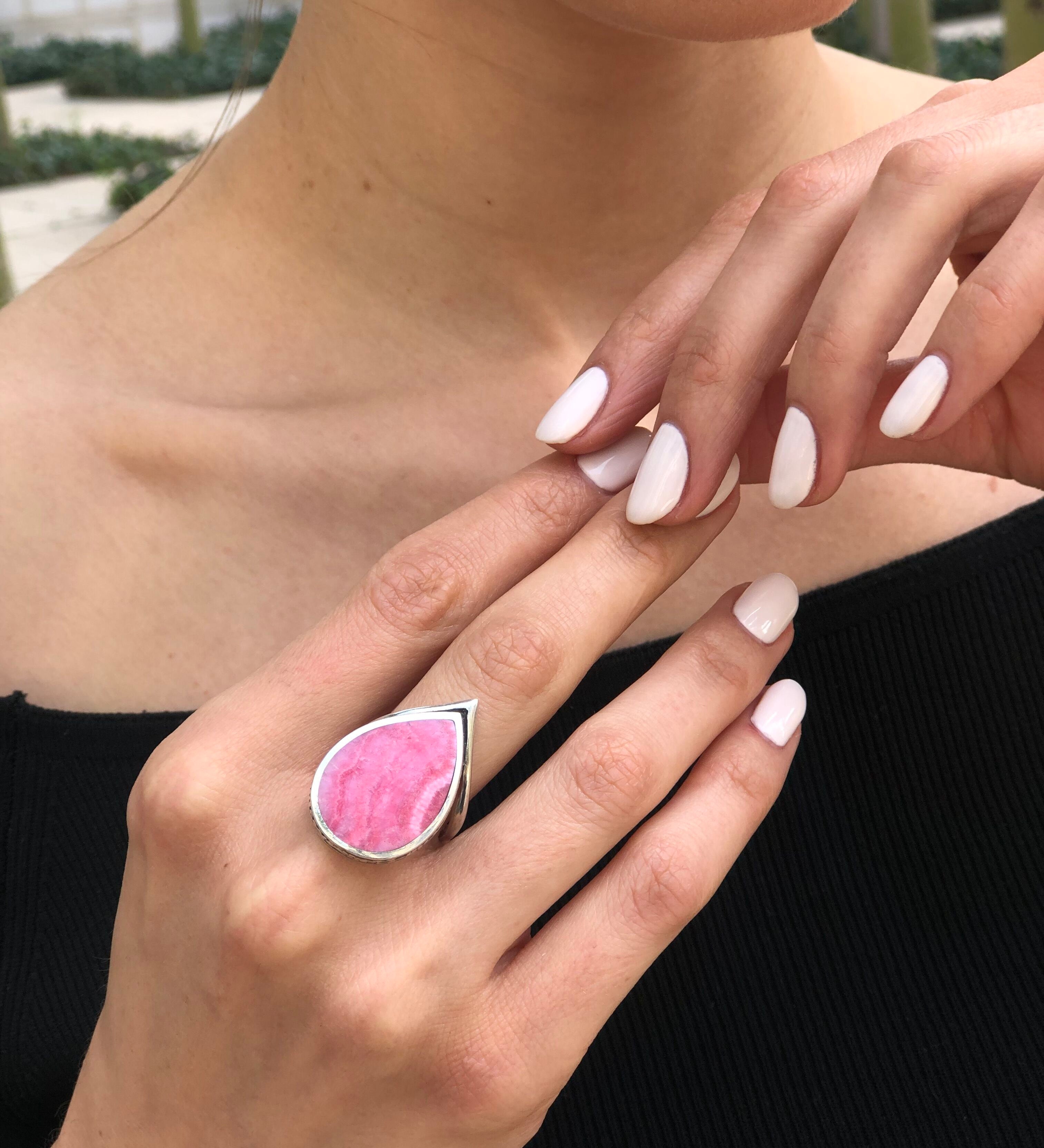 Teardrop Ring, Rhodochrosite Ring, Pink Leaf Ring, Natural Stone Ring, Artisan Ring, Pink Silver Ring, Pink Stone Ring, Solid Silver Ring