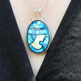 Mosaic Pendant, Natural Pearl Shell, Lady Cameo Necklace, June Birthstone, Blue Bezel Pendant, Vintage Pearl Necklace, Rare By Adina