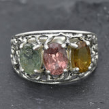 Statement Tourmaline Ring, Natural Tourmaline Ring, Three Stone Ring, Large Boho Ring, Wide Tourmaline Band, Silver Ring, Rare By Adina