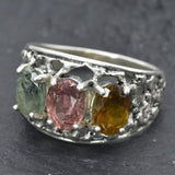 Statement Tourmaline Ring, Natural Tourmaline Ring, Three Stone Ring, Large Boho Ring, Wide Tourmaline Band, Silver Ring, Rare By Adina