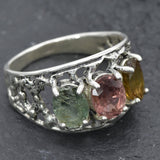 Statement Tourmaline Ring, Natural Tourmaline Ring, Three Stone Ring, Large Boho Ring, Wide Tourmaline Band, Silver Ring, Rare By Adina