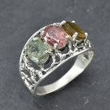 Statement Tourmaline Ring, Natural Tourmaline Ring, Three Stone Ring, Large Boho Ring, Wide Tourmaline Band, Silver Ring, Rare By Adina