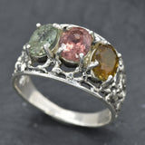 Statement Tourmaline Ring, Natural Tourmaline Ring, Three Stone Ring, Large Boho Ring, Wide Tourmaline Band, Silver Ring, Rare By Adina