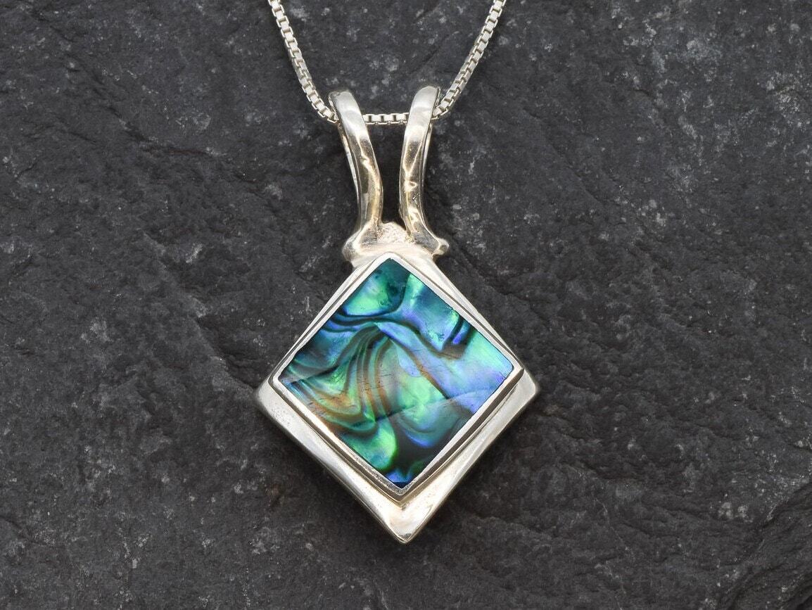 Square Abalone Necklace, Blue Mother of Pearl, Blue Shell Pendant, Lozenge Pendant, Bezel Pendant, Summer Style Pendant, 925 Sterling Silver