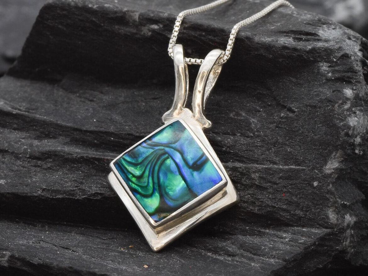 Square Abalone Necklace, Blue Mother of Pearl, Blue Shell Pendant, Lozenge Pendant, Bezel Pendant, Summer Style Pendant, 925 Sterling Silver