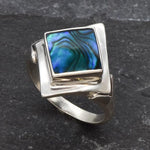Square Abalone Ring, Natural Mother of Pearl, Shell Ring, Lozenge Ring, Statement Bezel Ring, Vintage Ring, Unique Stone Ring, Solid Silver