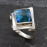 Square Abalone Ring, Natural Mother of Pearl, Shell Ring, Lozenge Ring, Statement Bezel Ring, Vintage Ring, Unique Stone Ring, Solid Silver