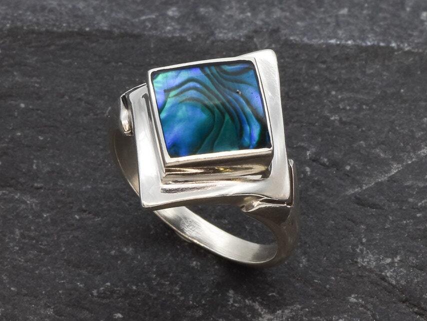 Square Abalone Ring, Natural Mother of Pearl, Shell Ring, Lozenge Ring, Statement Bezel Ring, Vintage Ring, Unique Stone Ring, Solid Silver