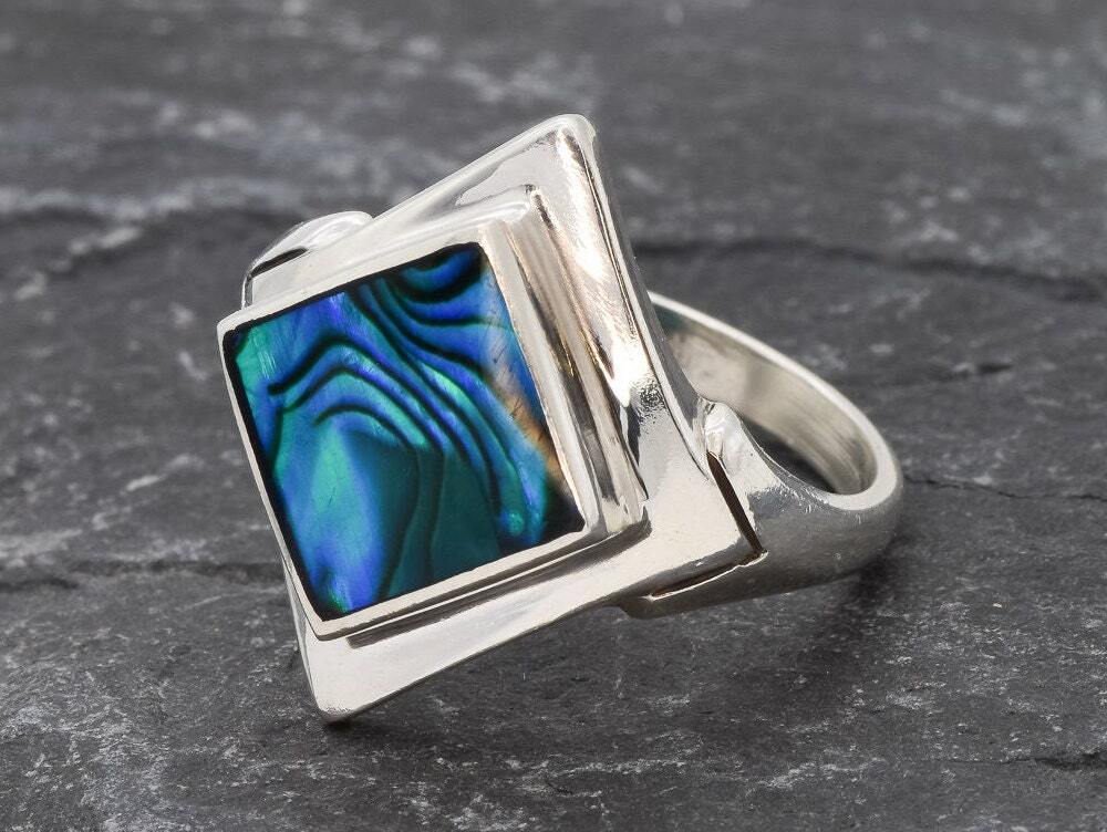 Square Abalone Ring, Natural Mother of Pearl, Shell Ring, Lozenge Ring, Statement Bezel Ring, Vintage Ring, Unique Stone Ring, Solid Silver