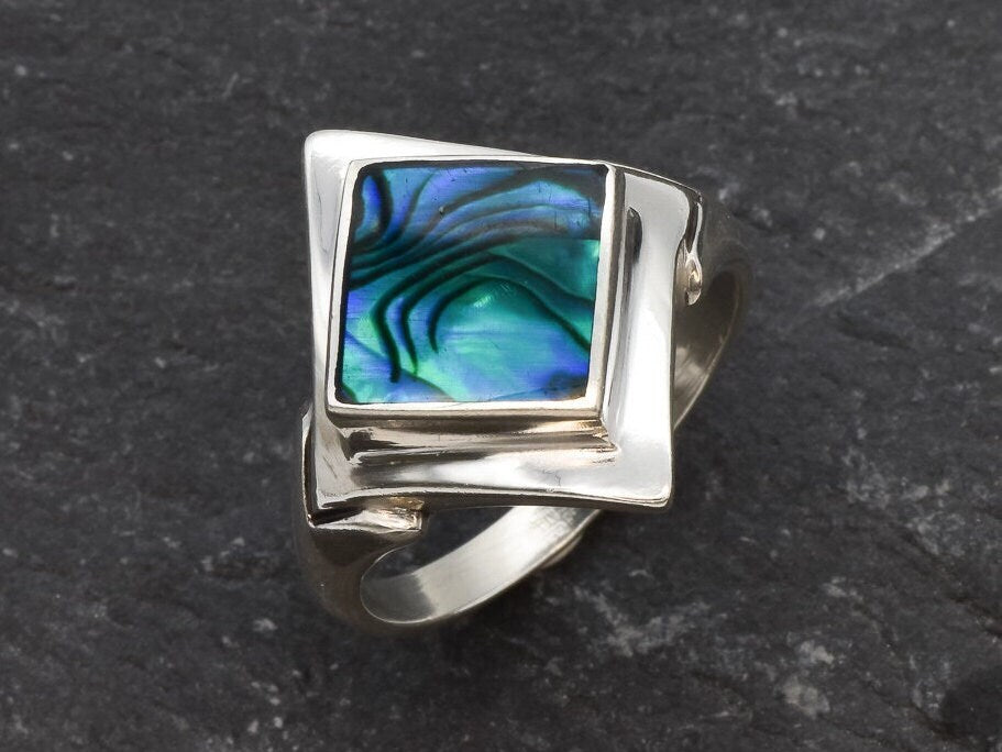 Square Abalone Ring, Natural Mother of Pearl, Shell Ring, Lozenge Ring, Statement Bezel Ring, Vintage Ring, Unique Stone Ring, Solid Silver
