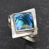 Square Abalone Ring, Natural Mother of Pearl, Shell Ring, Lozenge Ring, Statement Bezel Ring, Vintage Ring, Unique Stone Ring, Solid Silver
