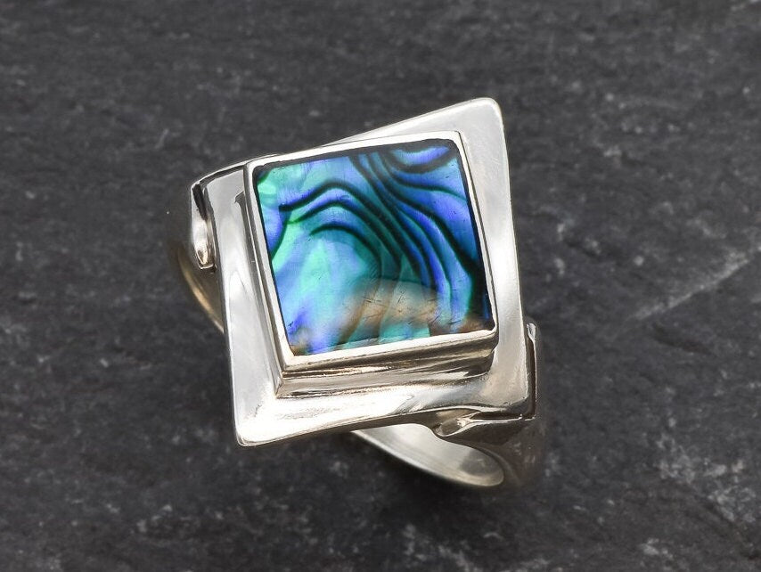 Square Abalone Ring, Natural Mother of Pearl, Shell Ring, Lozenge Ring, Statement Bezel Ring, Vintage Ring, Unique Stone Ring, Solid Silver