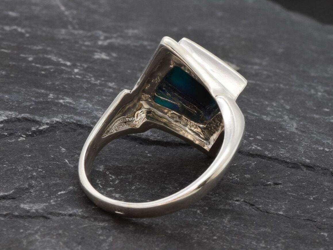 Square Abalone Ring, Natural Mother of Pearl, Shell Ring, Lozenge Ring, Statement Bezel Ring, Vintage Ring, Unique Stone Ring, Solid Silver