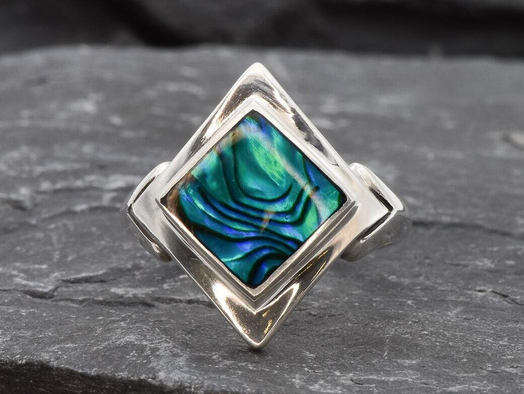 Square Abalone Ring, Natural Mother of Pearl, Shell Ring, Lozenge Ring, Statement Bezel Ring, Vintage Ring, Unique Stone Ring, Solid Silver