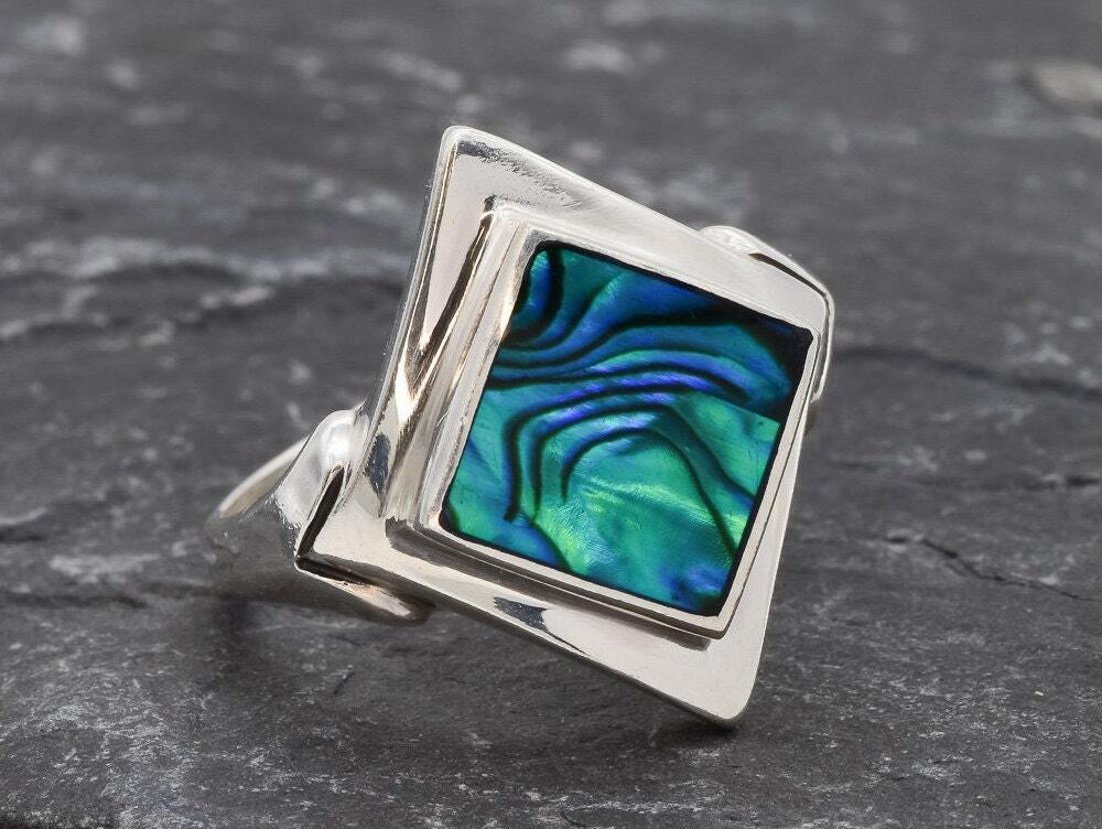 Square Abalone Ring, Natural Mother of Pearl, Shell Ring, Lozenge Ring, Statement Bezel Ring, Vintage Ring, Unique Stone Ring, Solid Silver