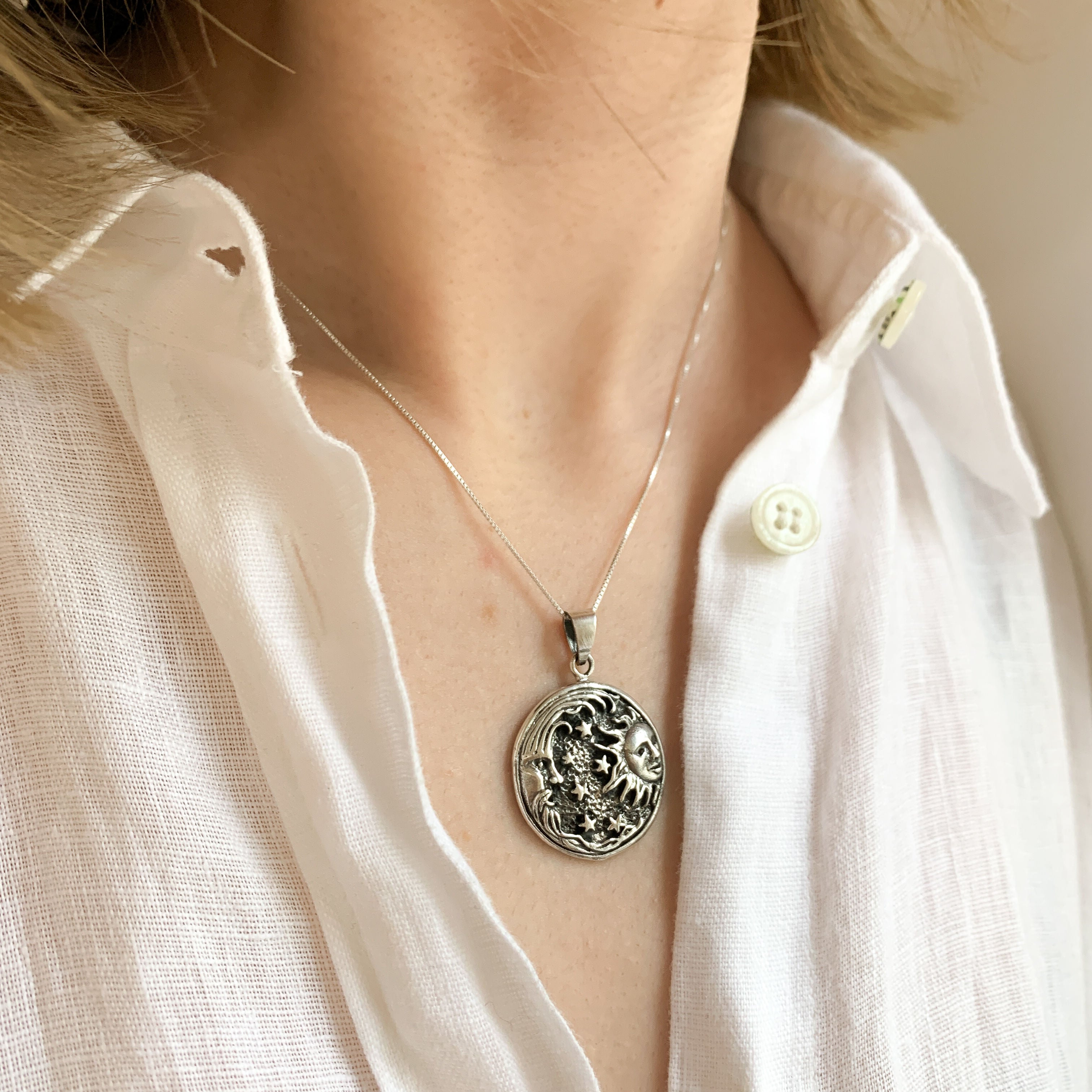 Celestial Silver Pendant, Crescent Moon Pendant, Sun Silver Pendant, Moon Necklace, Astrology Pendant, Stars Silver Pendant