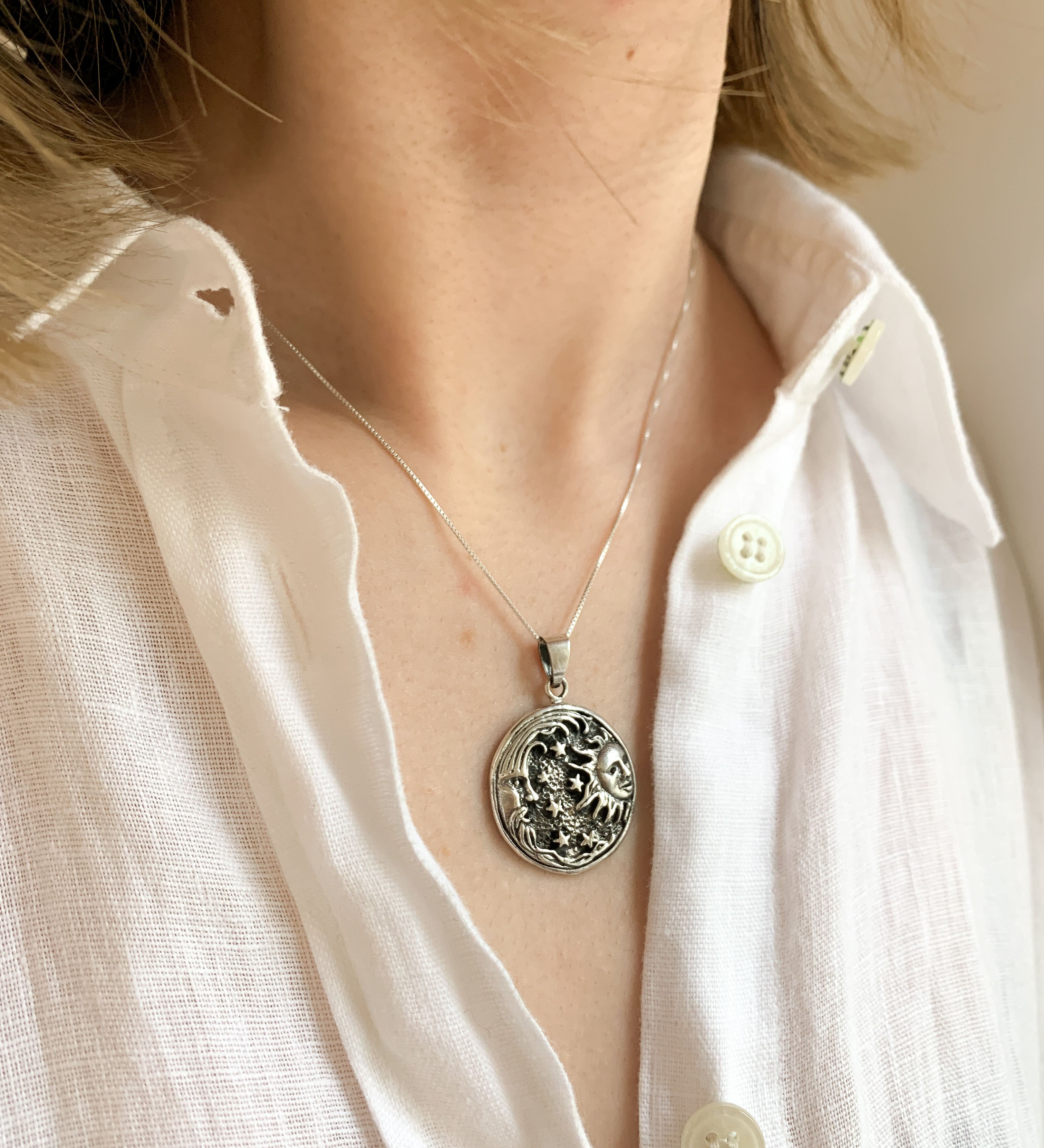 Celestial Silver Pendant, Crescent Moon Pendant, Sun Silver Pendant, Moon Necklace, Astrology Pendant, Stars Silver Pendant