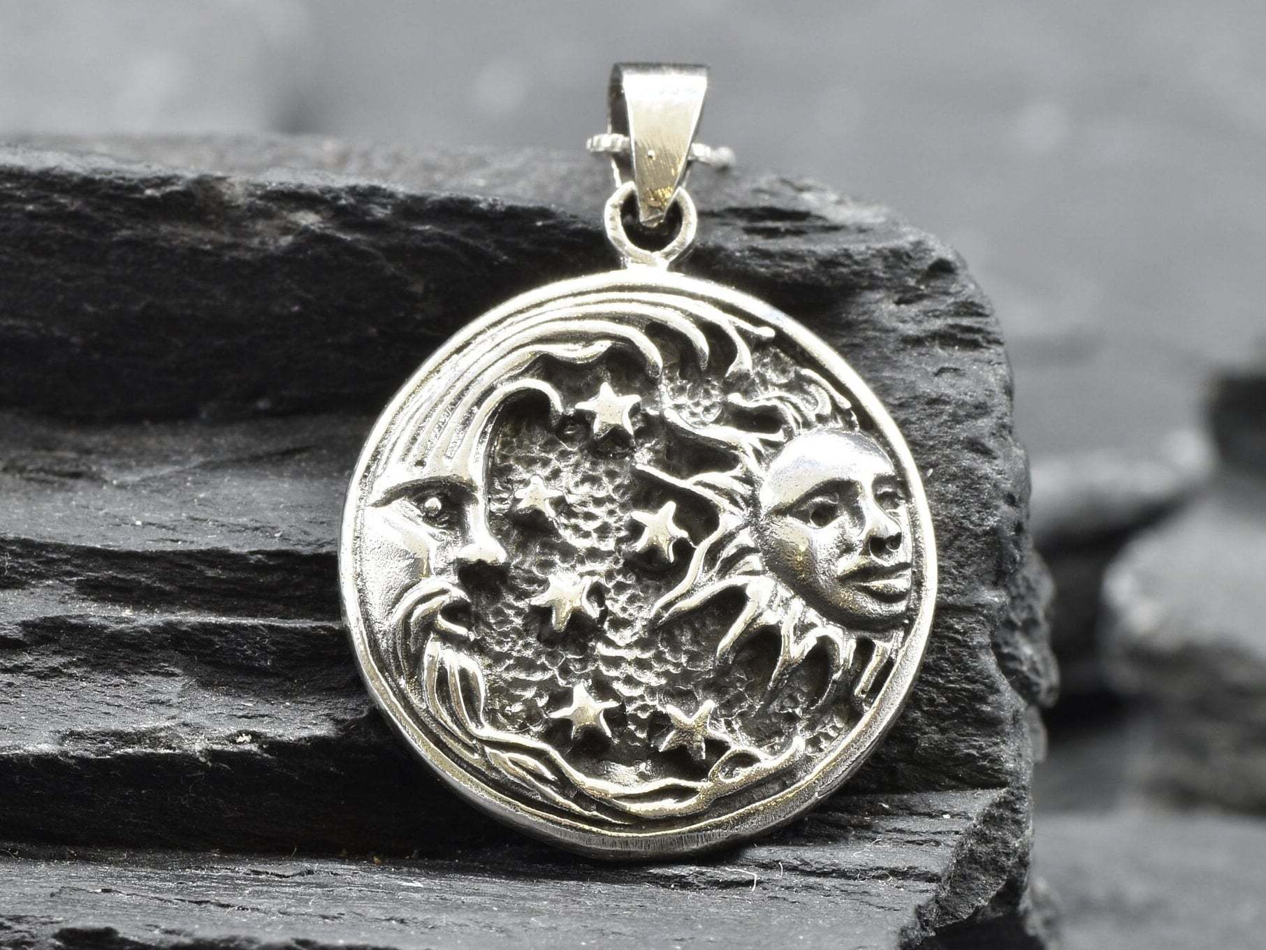 Celestial Silver Pendant, Crescent Moon Pendant, Sun Silver Pendant, Moon Necklace, Astrology Pendant, Stars Silver Pendant