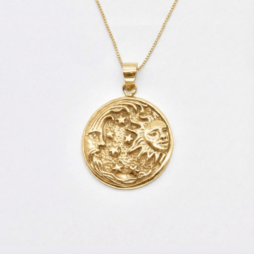Sun & Moon Necklace - Crescent Moon Pendant - Gold Celestial Necklace made in 18k Gold Vermeil. Ideal for everyday wear and perfect for birthday gifting and special occasions.