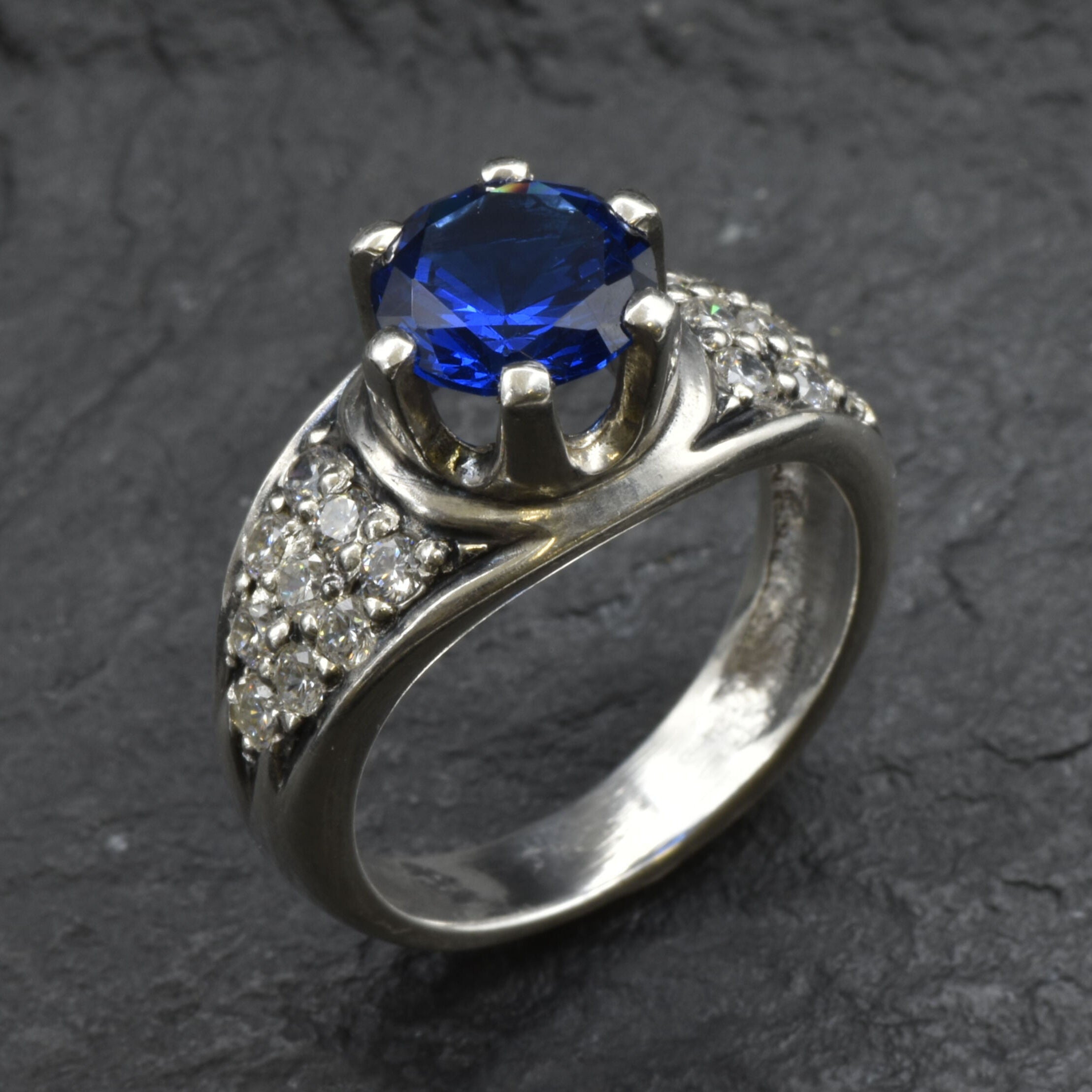 Created Sapphire Ring made in 925 Sterling Silver with Round Created Blue Sapphire in Solitaire with Accents setting, September Birthstone gift idea, symbolizes sincerity, truth, and faithfulness, ideal for everyday wear and perfect for birthday gifting and special occasions.