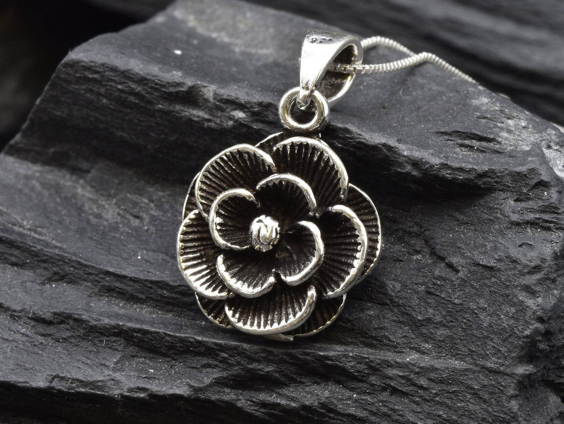 Silver Flower Necklace, Rose Flower Necklace, Rose Necklace, June Birth Flower Necklace, Silver Rose Necklace, Silver Botanical Necklace