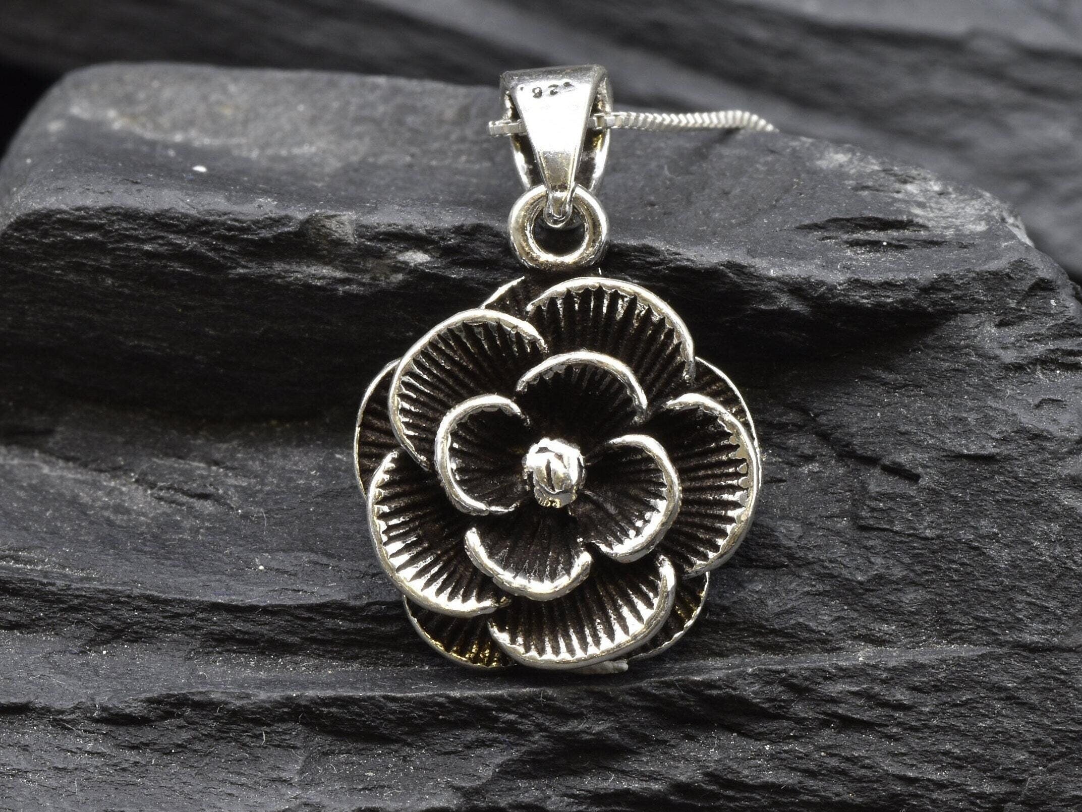 Silver Flower Necklace, Rose Flower Necklace, Rose Necklace, June Birth Flower Necklace, Silver Rose Necklace, Silver Botanical Necklace