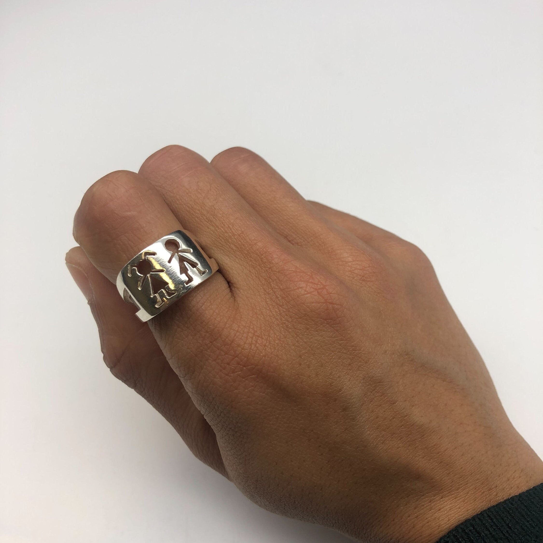 Children Drawing Ring, Engraved Boy & Girl Ring, Silver Stick Figure Ring, Silver Stickman Ring, Children Figure Ring, Silver Ring, Silver
