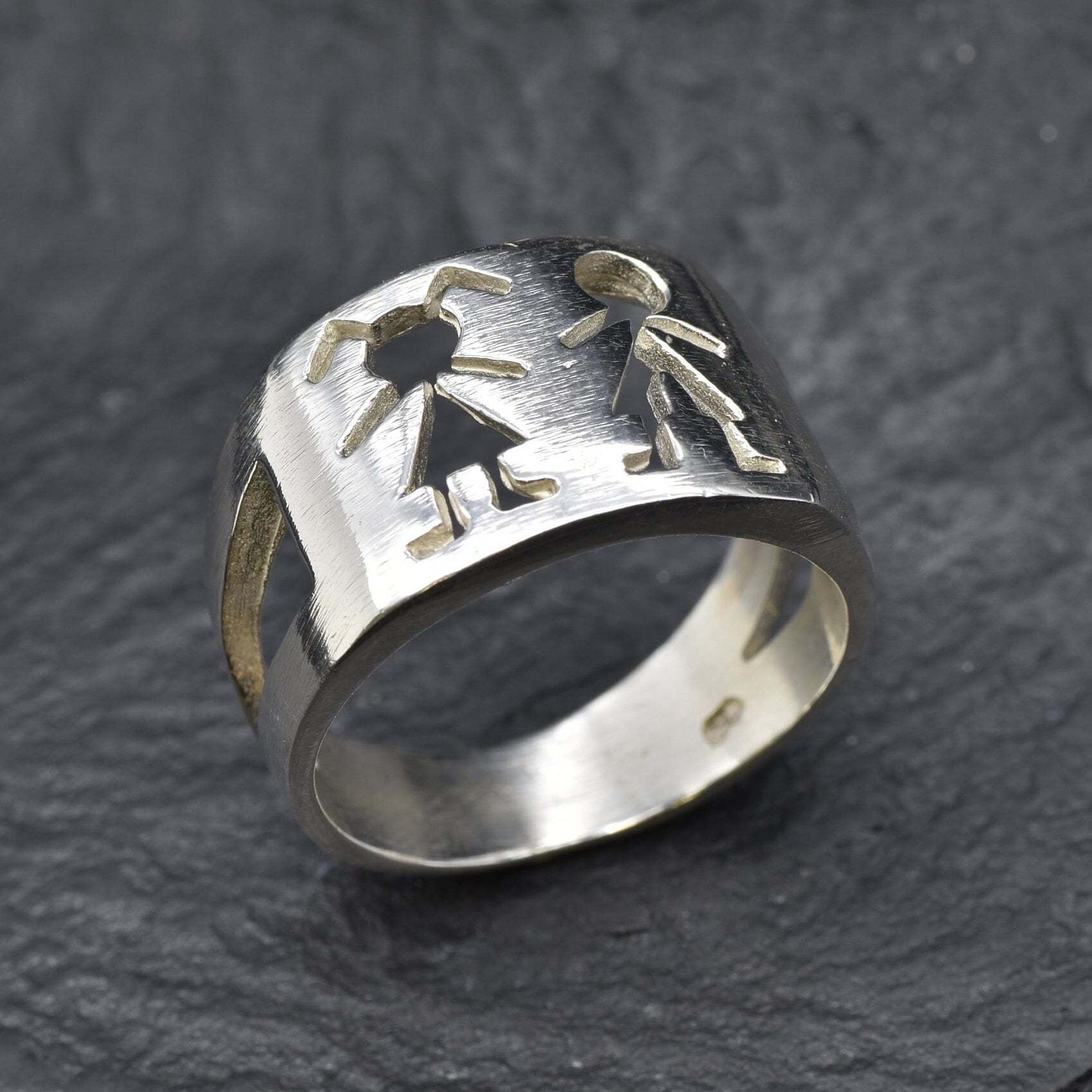 Children Drawing Ring, Engraved Boy & Girl Ring, Silver Stick Figure Ring, Silver Stickman Ring, Children Figure Ring, Silver Ring, Silver