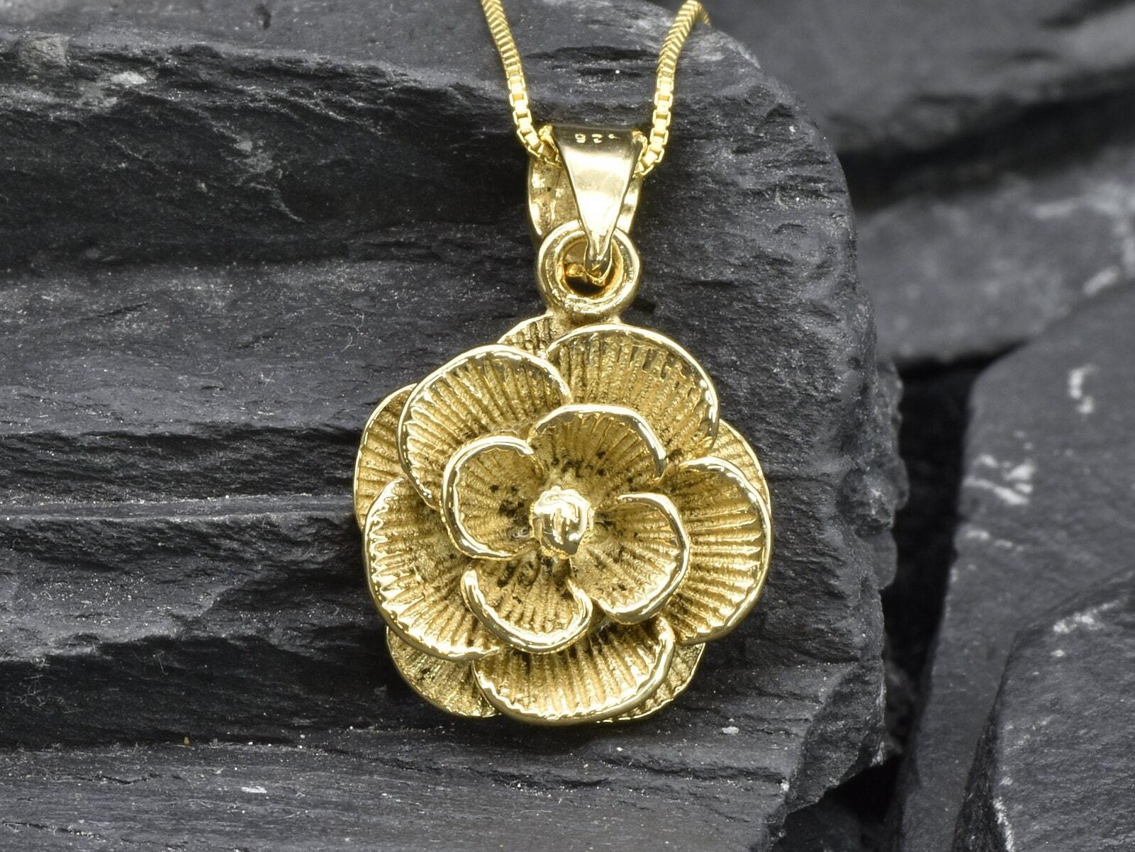 Gold Flower Pendant, Gold Rose Pendant, Gold Flower Necklace, Gold Floral Pendant, Flower Pendant, Rose Pendant, Blossom Pendant, 925 Silver