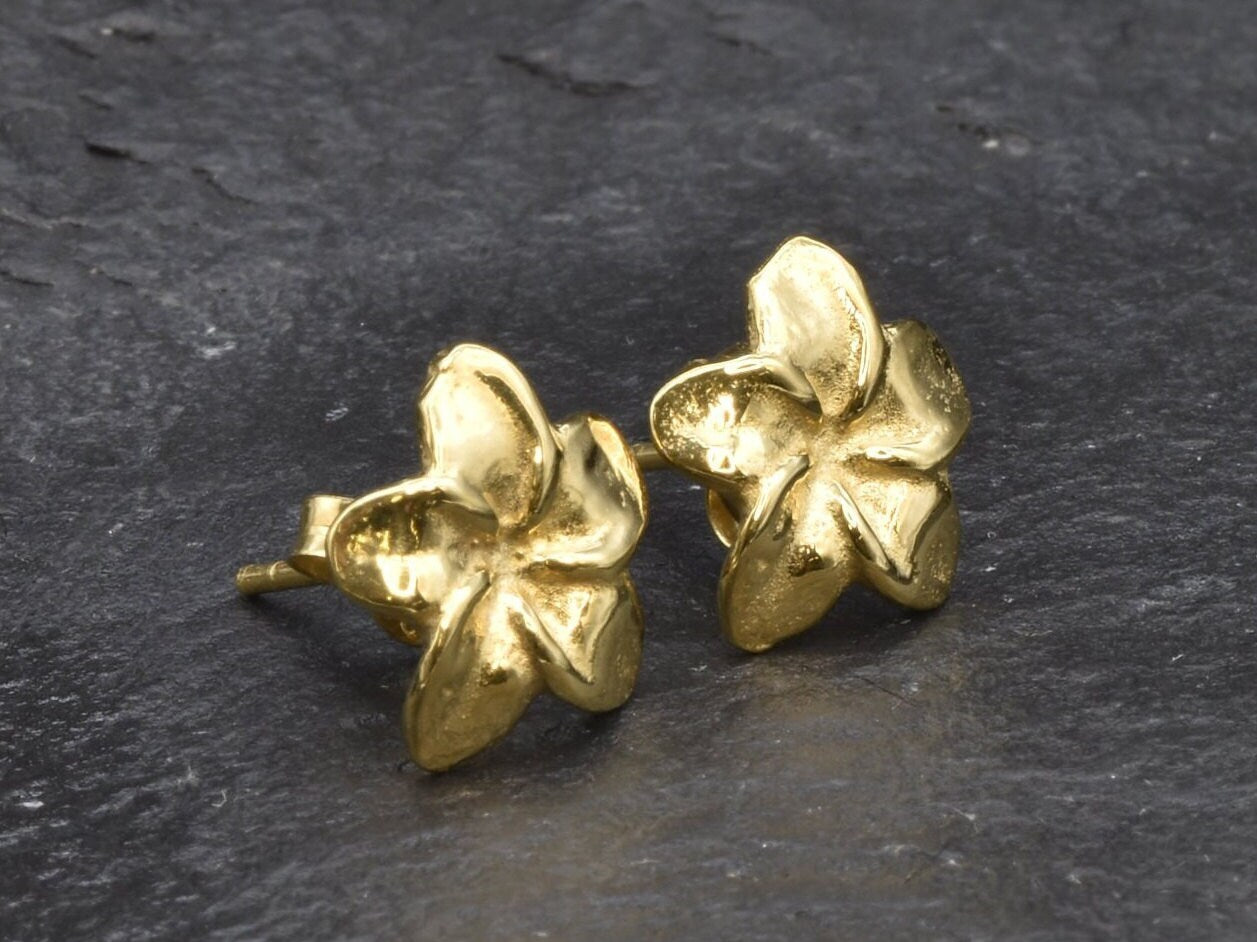 Gold Hawaiian Flower Earrings, Hawaiian Flower Studs, Plumeria Earrings, Frangipani Studs, Exotic Flower Earrings, 18k Gold Vermeil Earrings