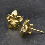 Gold Hawaiian Flower Earrings, Hawaiian Flower Studs, Plumeria Earrings, Frangipani Studs, Exotic Flower Earrings, 18k Gold Vermeil Earrings