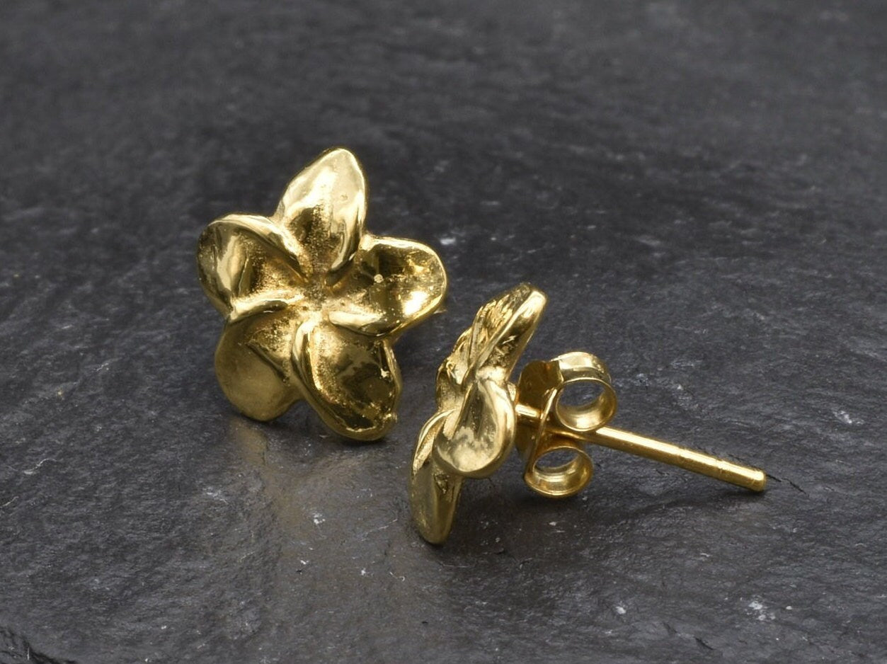 Gold Hawaiian Flower Earrings, Hawaiian Flower Studs, Plumeria Earrings, Frangipani Studs, Exotic Flower Earrings, 18k Gold Vermeil Earrings