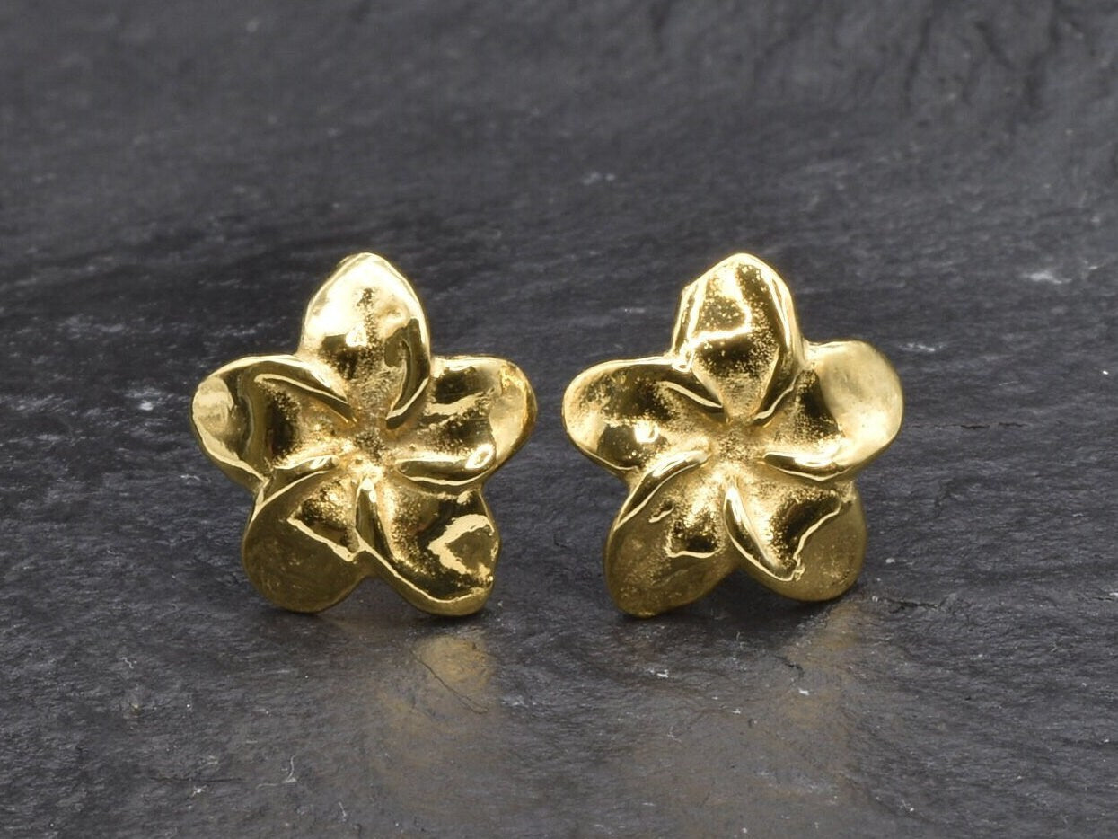 Gold Hawaiian Flower Earrings, Hawaiian Flower Studs, Plumeria Earrings, Frangipani Studs, Exotic Flower Earrings, 18k Gold Vermeil Earrings