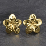 Gold Hawaiian Flower Earrings, Hawaiian Flower Studs, Plumeria Earrings, Frangipani Studs, Exotic Flower Earrings, 18k Gold Vermeil Earrings