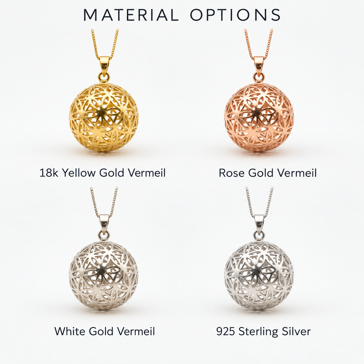 Stunning Gold Sphere Pendant adorned with the Flower of Life, perfect for daily wear and exceptional gift-giving moments.