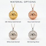 Stunning Gold Sphere Pendant adorned with the Flower of Life, perfect for daily wear and exceptional gift-giving moments.