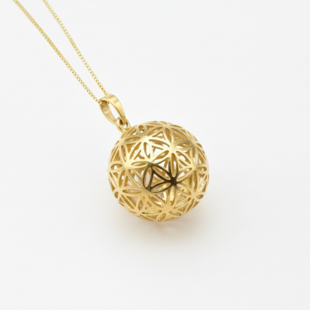 Stunning Gold Sphere Pendant adorned with the Flower of Life, perfect for daily wear and exceptional gift-giving moments.