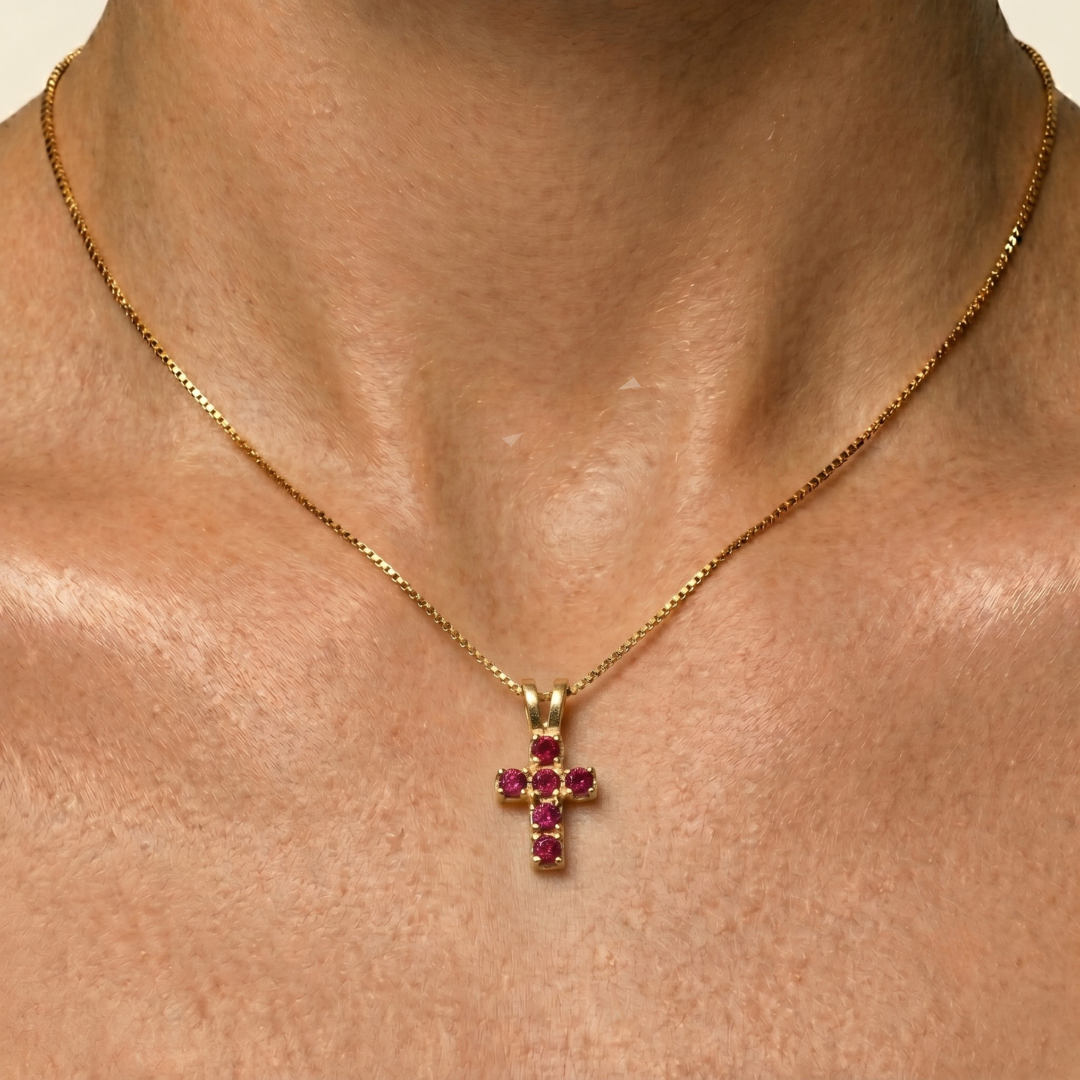 18k Gold Vermeil Ruby Pendant featuring a Round Created Red Ruby, ideal for birthdays and symbolizes nobility and passion.