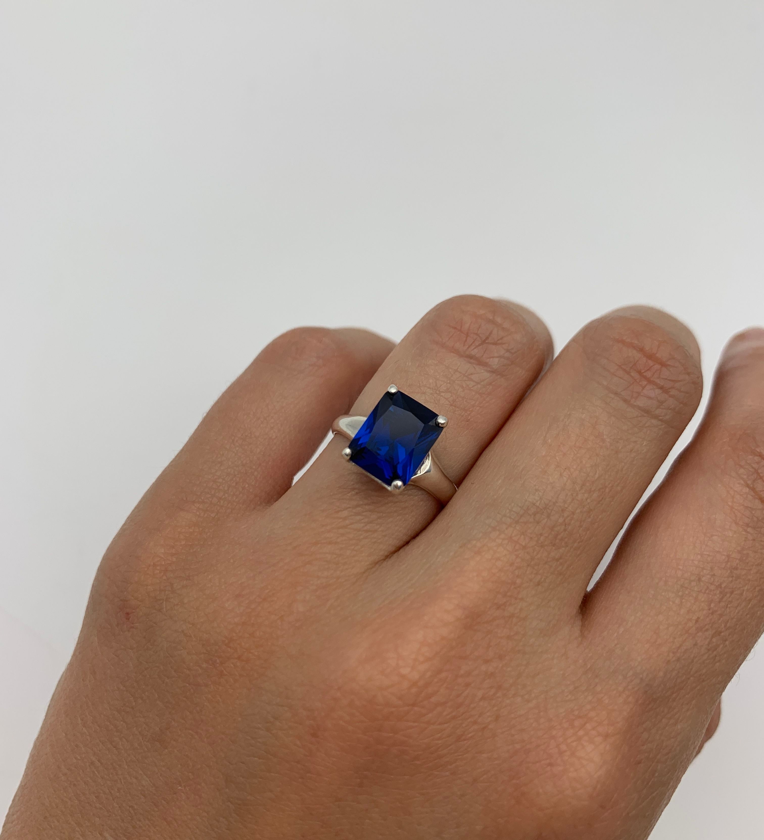 Elegant 925 Sterling Silver Sapphire Ring with Baguette Blue Sapphire; perfect September birthday gift and symbol of faithfulness.