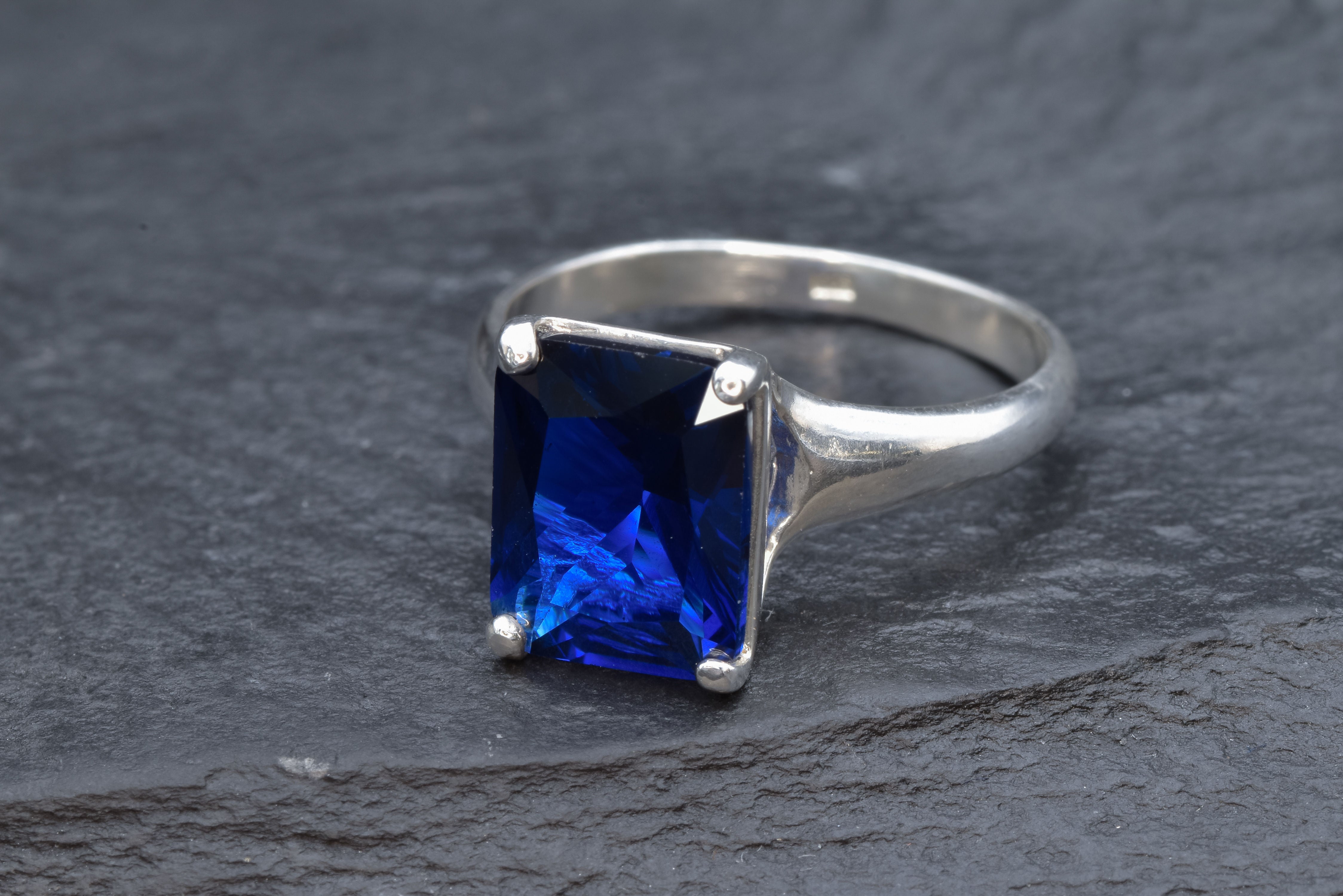 Created Sapphire Ring made in 925 Sterling Silver with Baguette Created Blue Sapphire in Prong setting, September Birthstone gift idea, symbolizes sincerity, truth, and faithfulness, ideal for everyday wear and perfect for birthday gifting and special occasions.