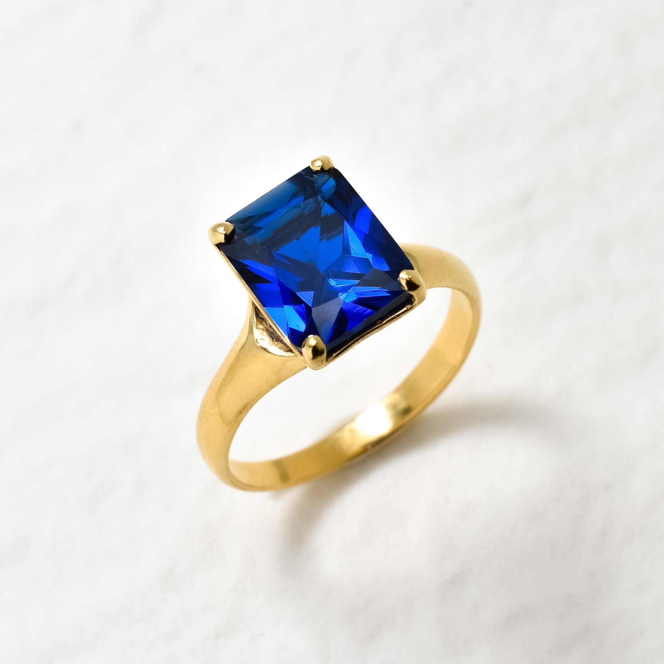 Created Sapphire Ring made in 18k Gold Vermeil with Baguette Created Blue Sapphire in Prong setting, September Birthstone gift idea, symbolizes sincerity, truth, and faithfulness, ideal for everyday wear and perfect for birthday gifting and special occasions.